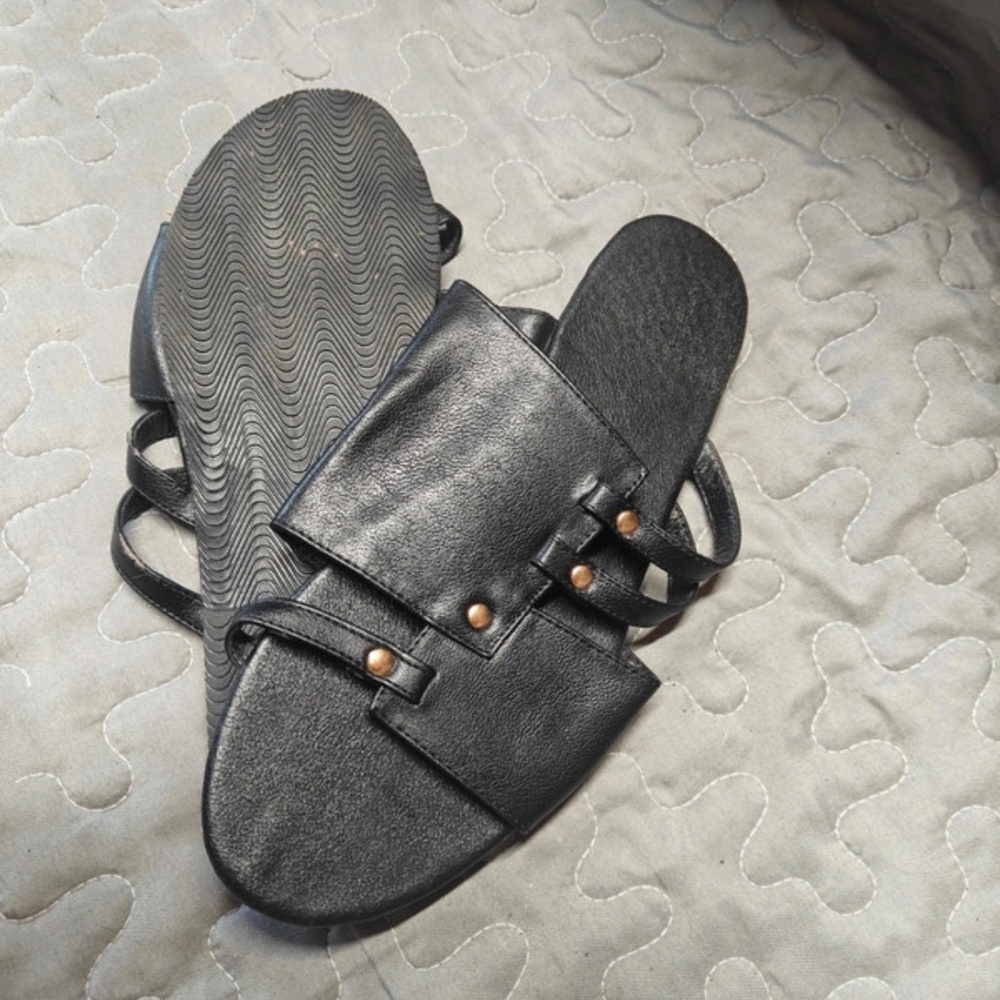 Women's Black Slide Sandals with Double Strap and Stud Detail